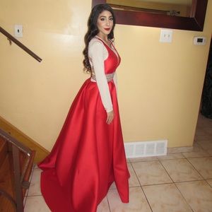 Red satin ball gown